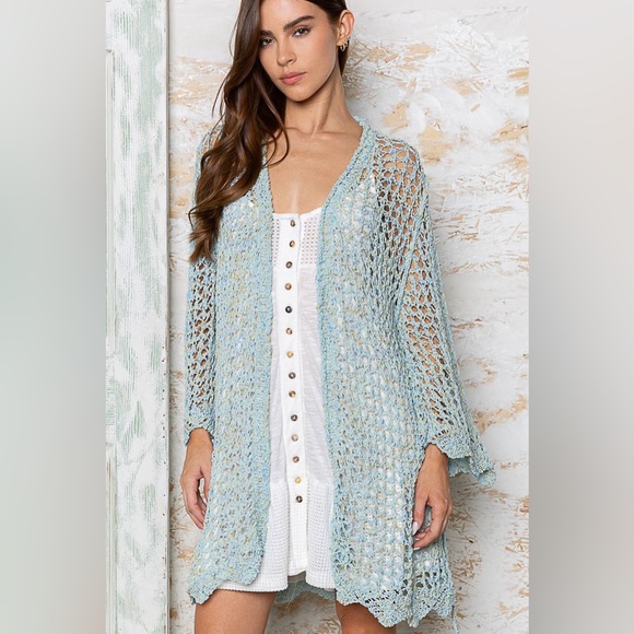 POL Powder Blue Crochet Cardigan | Wrap Tie Waist | Scalloped Hem + Sleeves - Picture 6 of 7